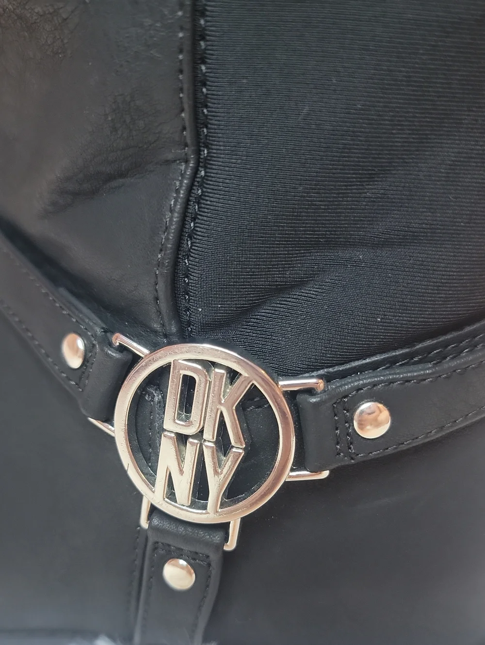 Girls DKNY Black Tall Boots with Gold Emma Harness Logo. Size 2